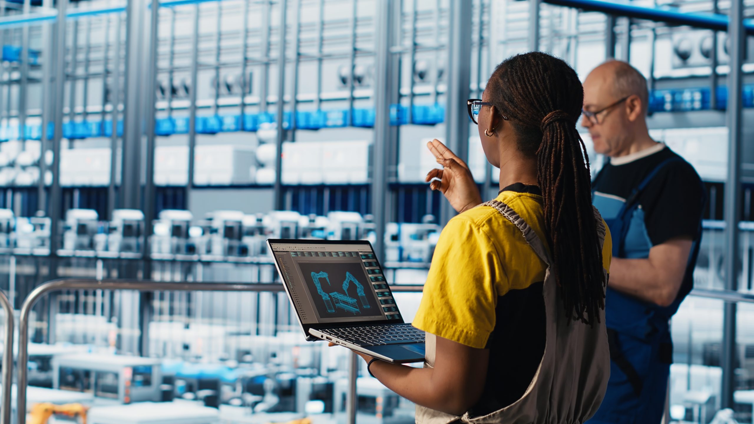 Engineering team working in smart factory, collecting and analyzing data. Teamworking colleagues using tracking software in industry 4.0 industrial plant equipped with advanced sensors, camera A