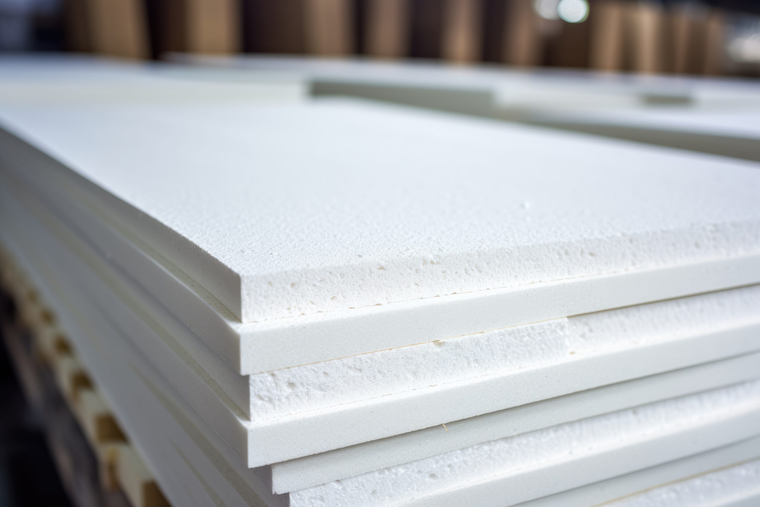 Sheets of expanded polystyrene for house thermal insulation during constructions.